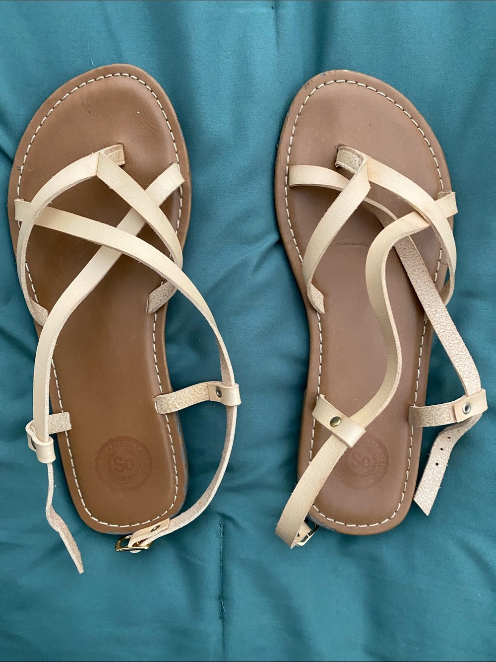 So Womens Strappy Cream Sandals  Casual Flat Summer Shoes